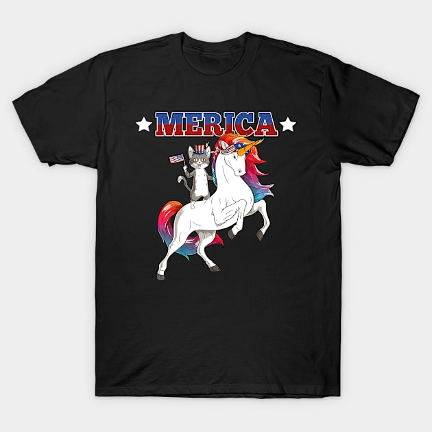 Merica Tabby Cat Unicorn American Flag 4th Of July T-Shirt by Jannysingle